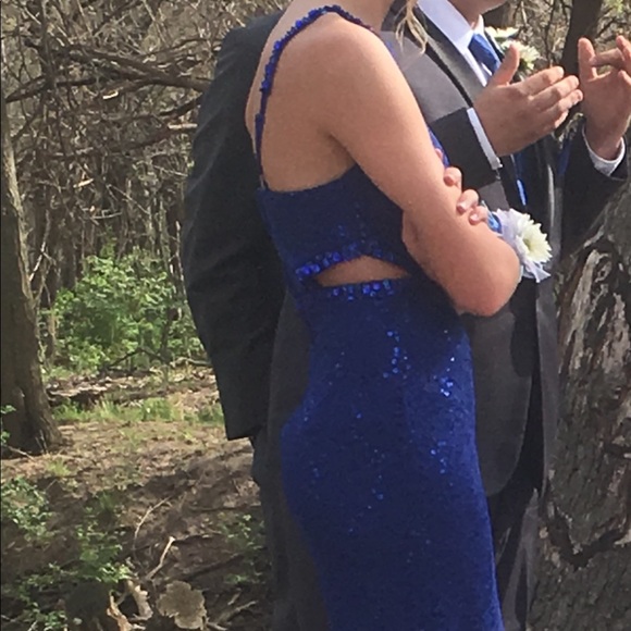 Long Blue Lace Prom Dress - Picture 6 of 7